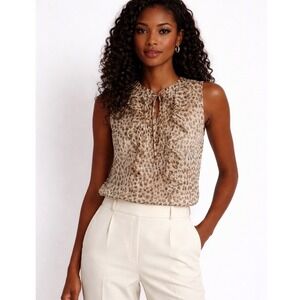 LOFT Ann Taylor Womens Small Leopard Print Ruffle Tie Neck Sleeveless Blouse Tan